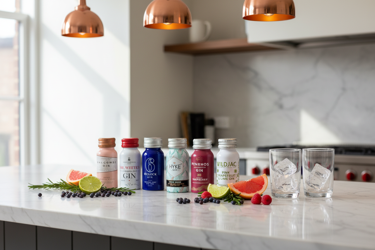 Beverage bottles on a kitchen counter with glasses and fruit