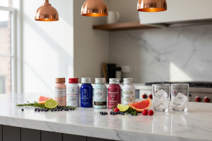Beverage bottles on a kitchen counter with glasses and fruit
