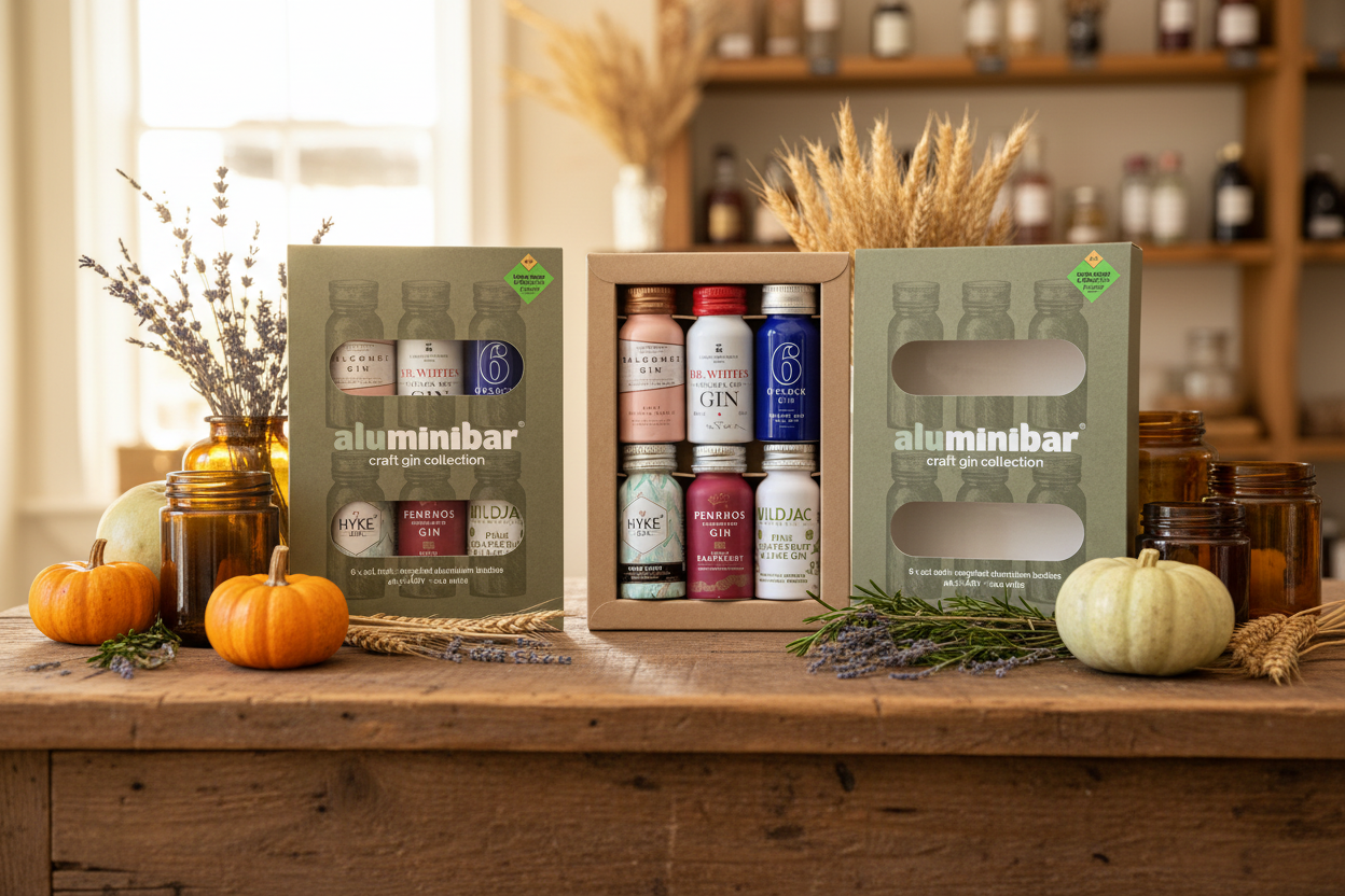 Aluminibar craft gin collection in a box on a wooden surface with decorative items.
